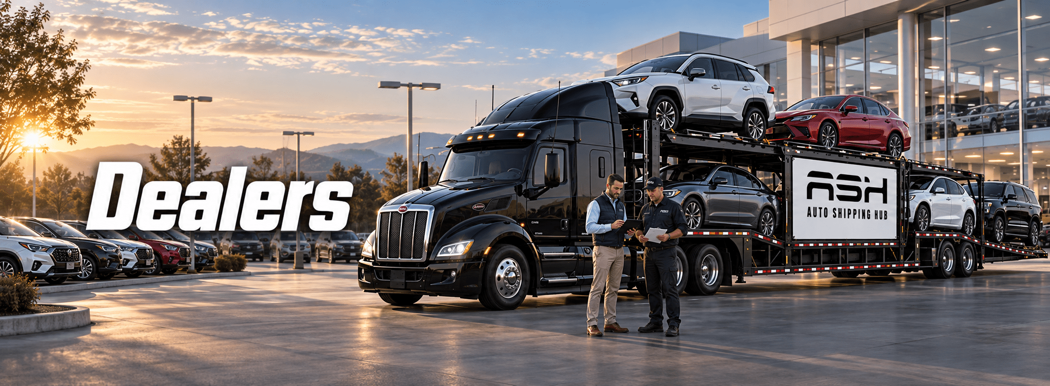 Car carrier loaded with dealer inventory on the highway, Auto Shipping HUB dealer and auction transport